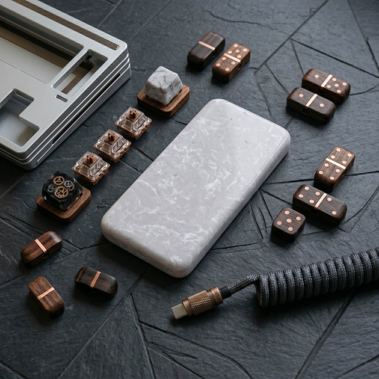 Luxury white vein quartz stone wrist rest for gaming mouse paired with artisan keyboard accessories