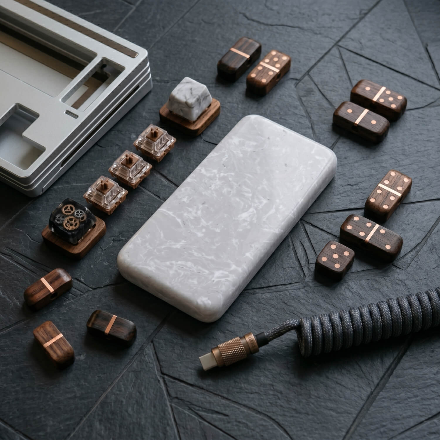 Luxury white vein quartz stone wrist rest for gaming mouse paired with artisan keyboard accessories