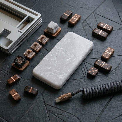 Luxury white vein quartz stone wrist rest for gaming mouse paired with artisan keyboard accessories